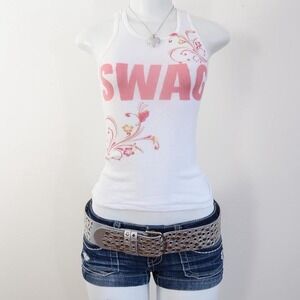 2010s swag floral graphic tank white ribbed baby tee pink size XS